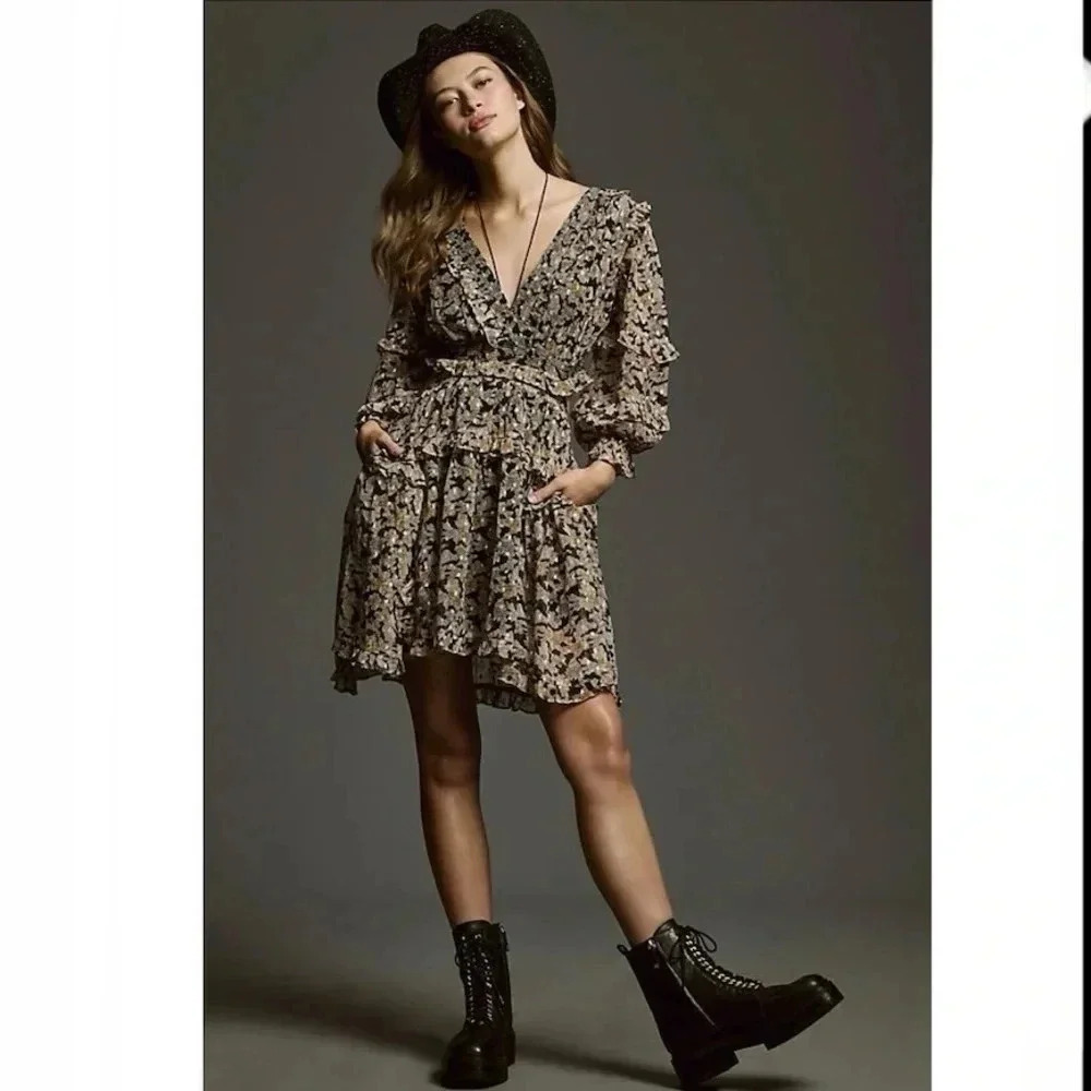 Anthropologie Floral Ruffle Cutout Boho Mini Dress Size Small
